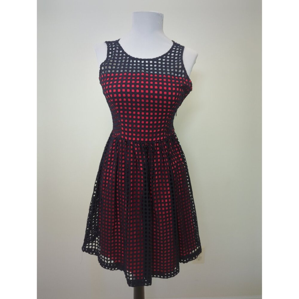Banana Republic Eyelet Fit and Flair Red with Navy Overlay Dress Size 0P